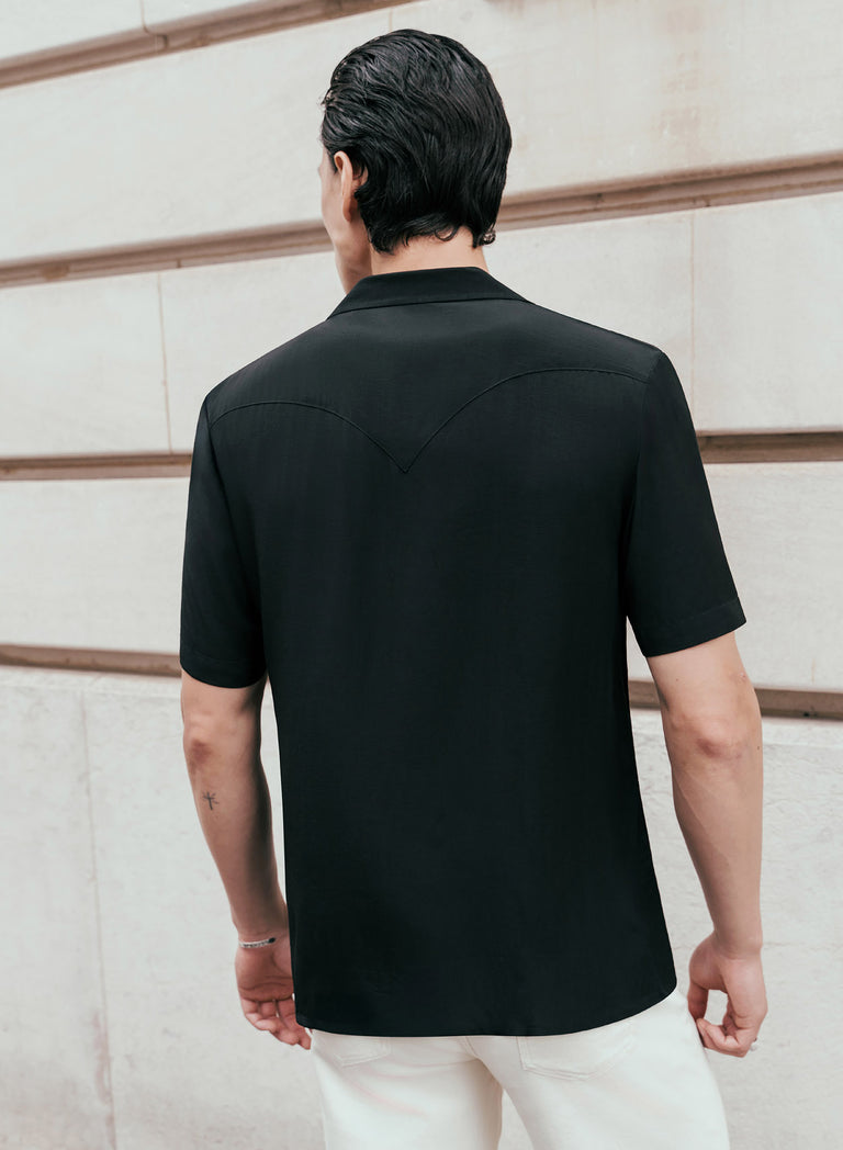 Black Exaggerated Cuban Collar Viscose Shirt