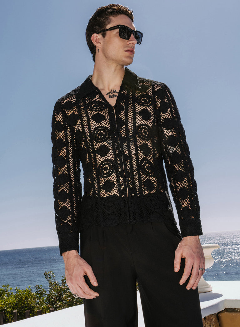 Black Long Sleeve Circular Crochet Shirt
