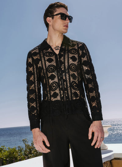 Black Long Sleeve Circular Crochet Shirt