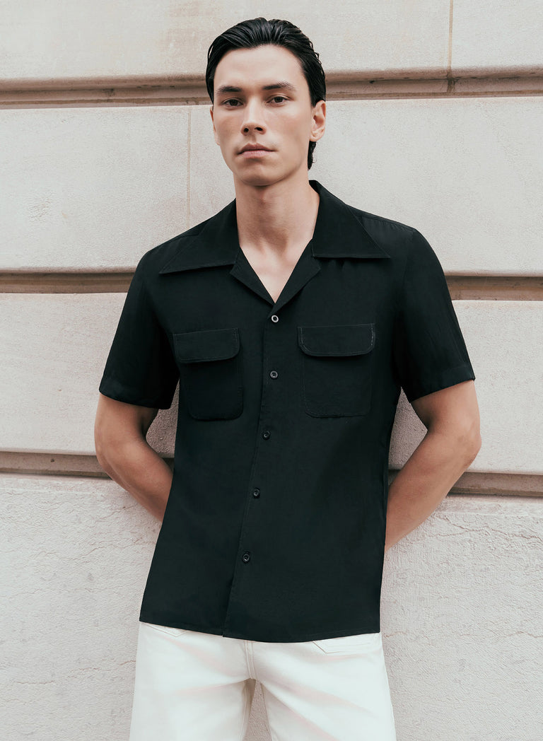 Black Exaggerated Cuban Collar Viscose Shirt
