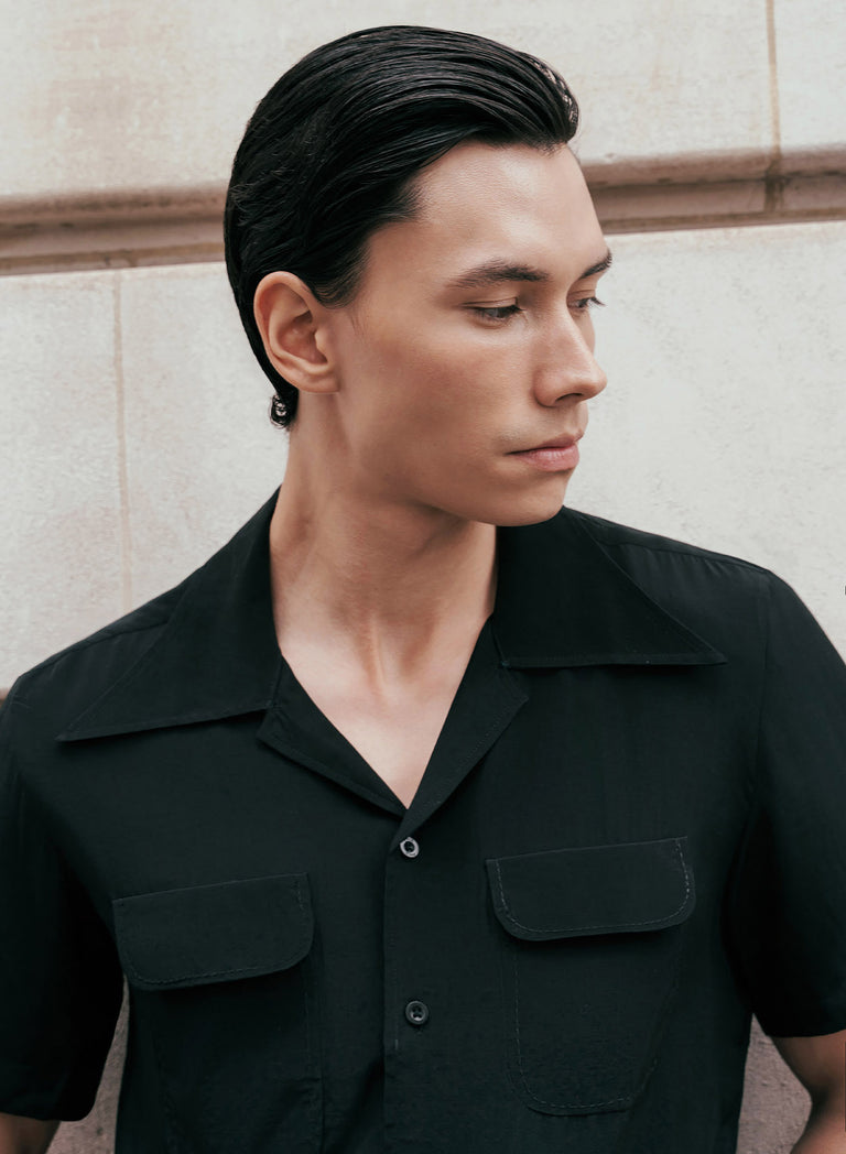 Black Exaggerated Cuban Collar Viscose Shirt