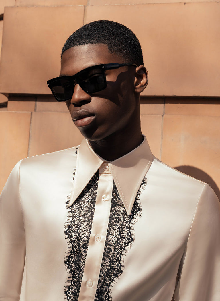 Pearl Satin Black Lace Lapel Shirt