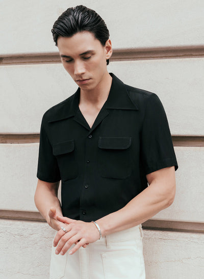 Black Exaggerated Cuban Collar Viscose Shirt