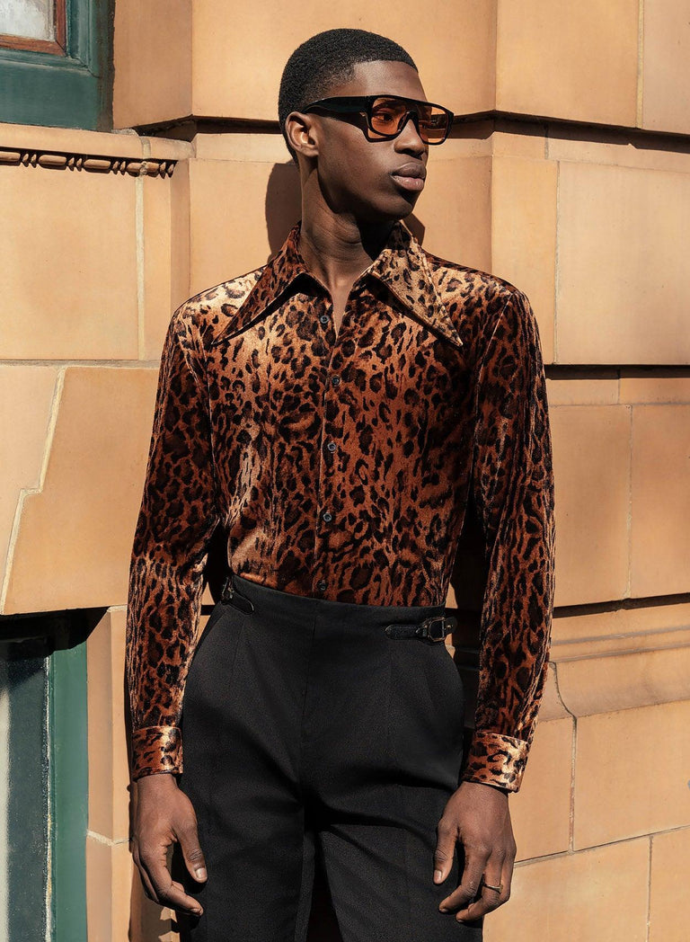 Rust Leopard Dagger Collar Velvet Shirt