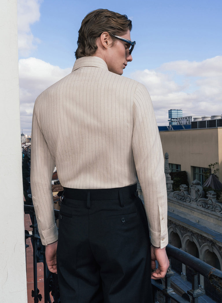 Beige Pure Linen Pinstripe Dagger Collar Shirt