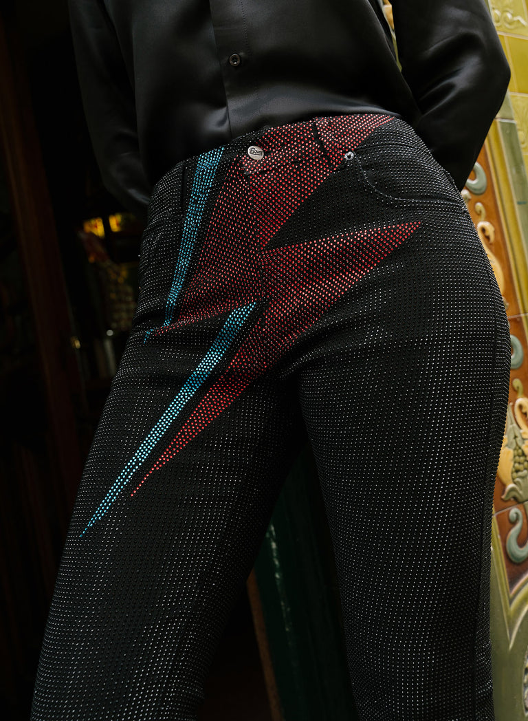 Phix X David Bowie Women's Black Rhinestone Lightning Bolt Flared Jeans