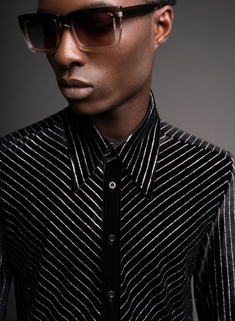 Black Velvet Metallic Silver Pin Stripe Shirt