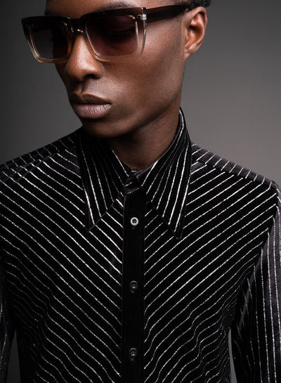Black Velvet Metallic Silver Pin Stripe Shirt