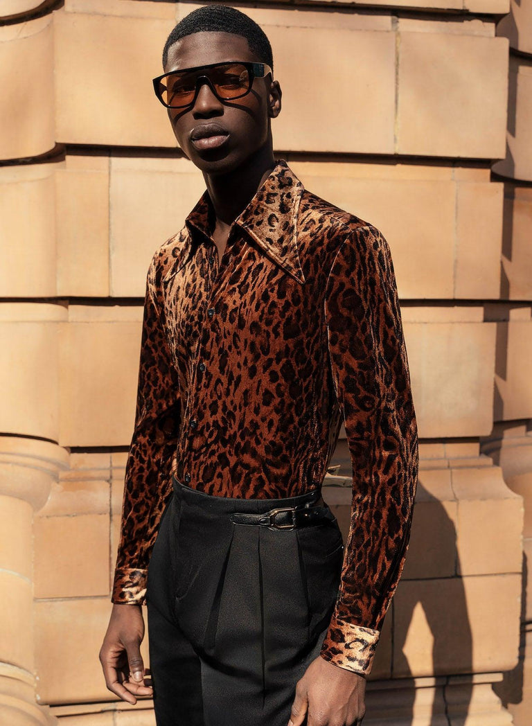 Rust Leopard Dagger Collar Velvet Shirt