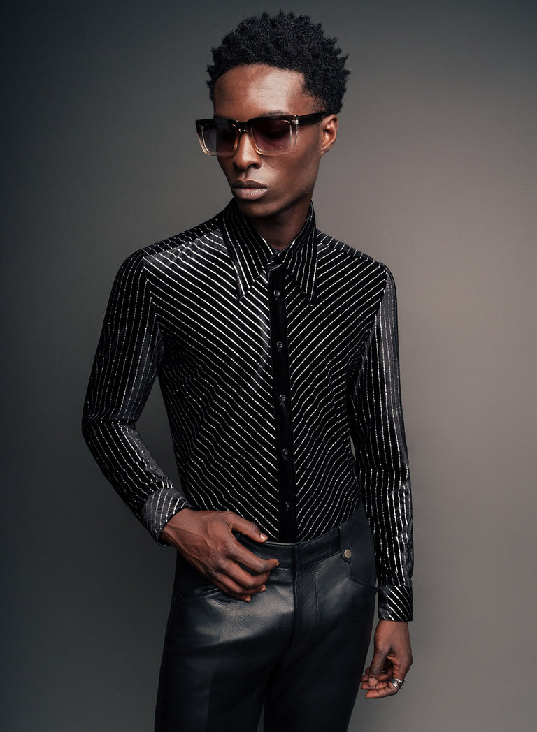 Black Velvet Metallic Silver Pin Stripe Shirt