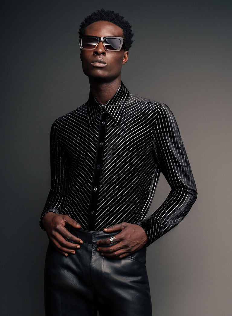 Black Velvet Metallic Silver Pin Stripe Shirt