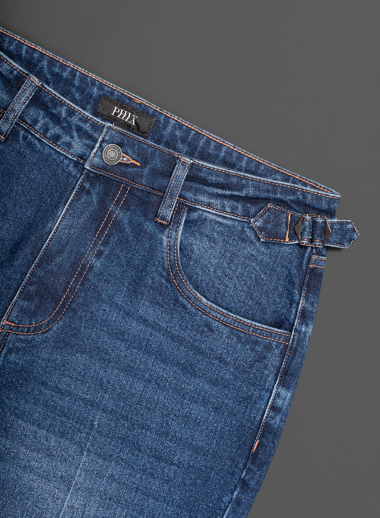 Blue High Waisted Denim Flare Side Buckle Jean