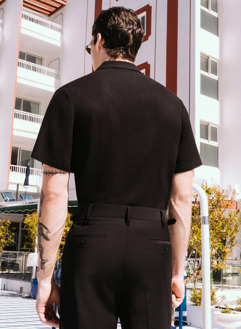 Black Short Sleeve Linen Double Breasted Shirt