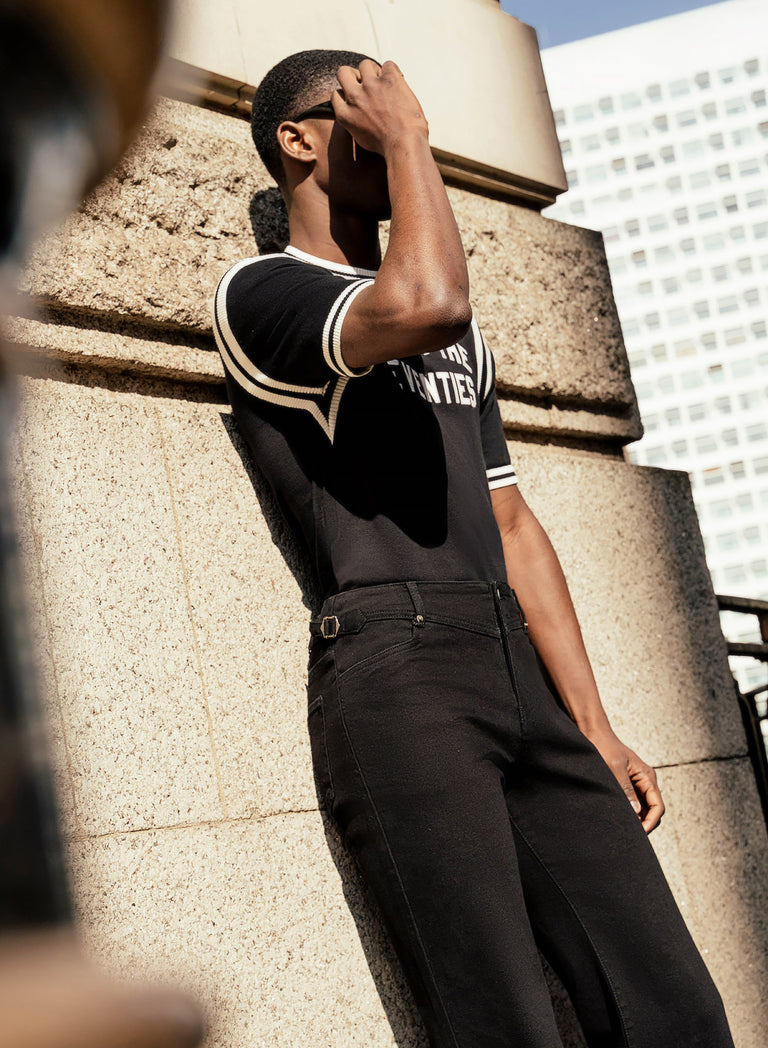 Black V-Panel Side Buckle Flare Denim Jeans