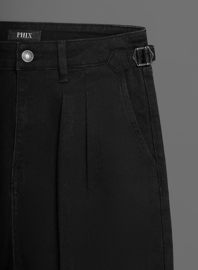 Black Denim Pleated Wide Leg Buckle Flare Jean