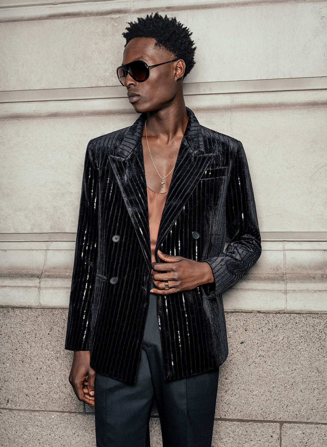 Black Pinstripe Double Breasted Velvet Blazer ‐ Phix