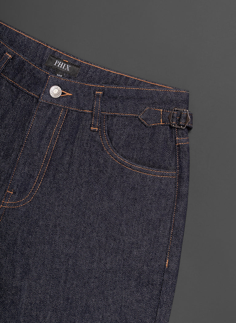 Raw Denim Indigo High Waisted Buckle Flare Jean