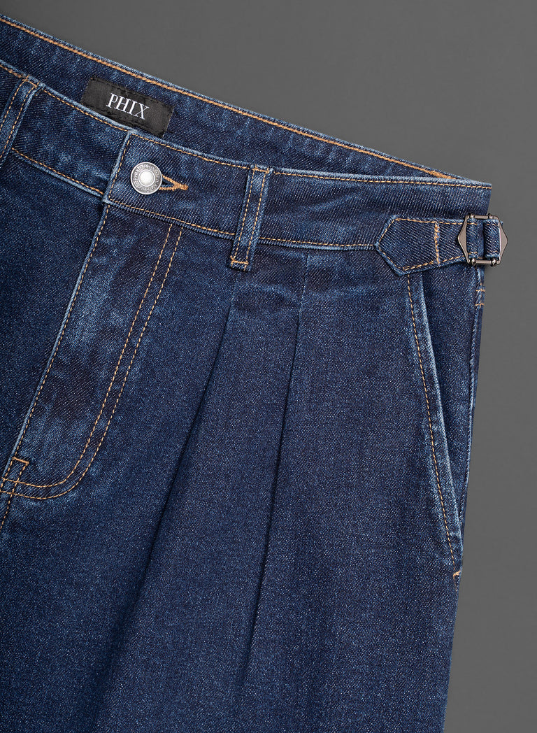 Washed Indigo Denim Pleated Wide Leg Buckle Flare Jean