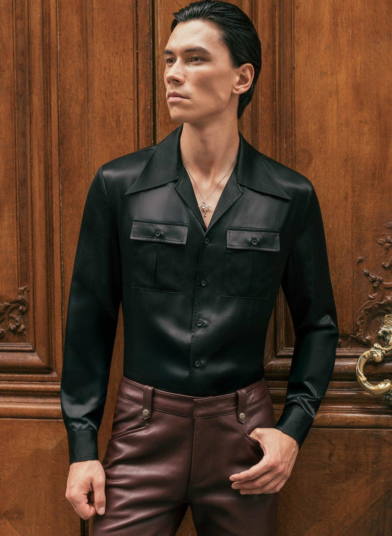 Black Silk Long Sleeve Cuban Collar Shirt