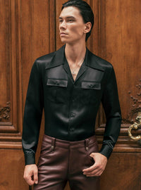 Black Silk Long Sleeve Cuban Collar Shirt