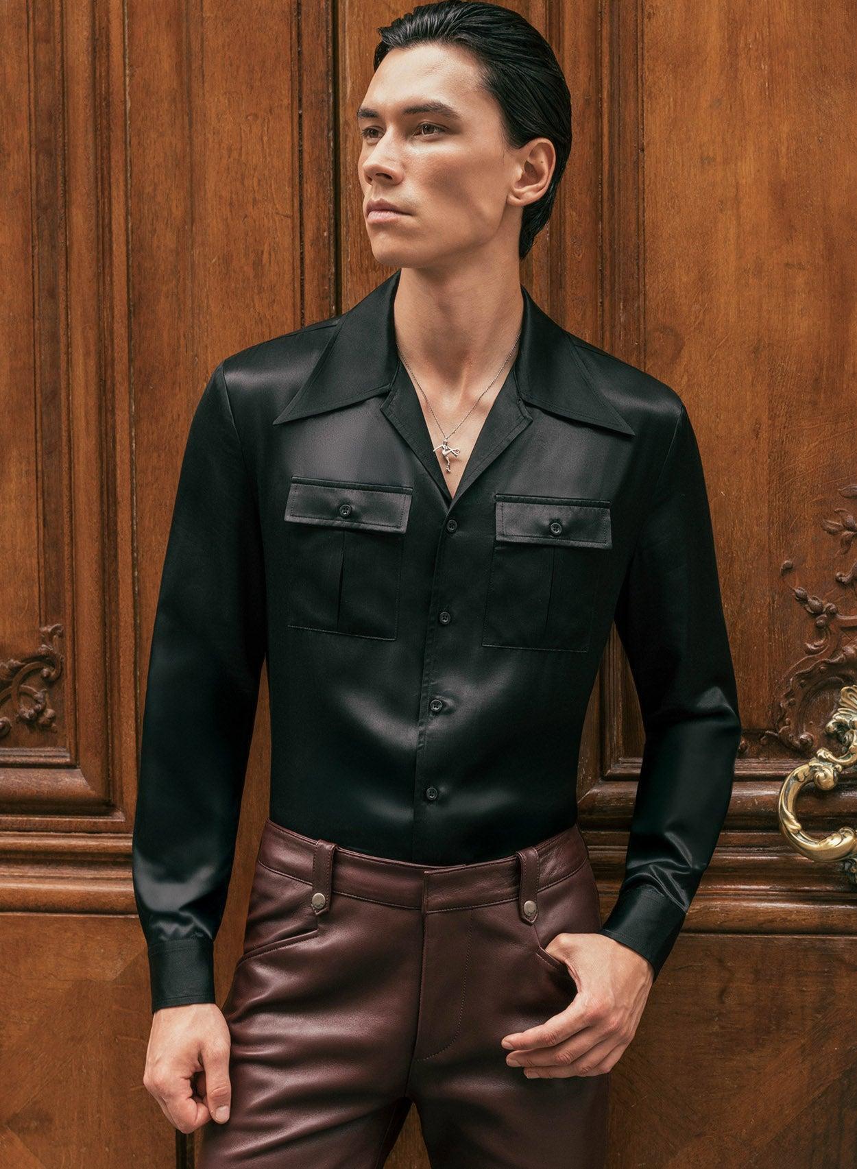 Black Silk Long Sleeve Cuban Collar Shirt ‐ Phix