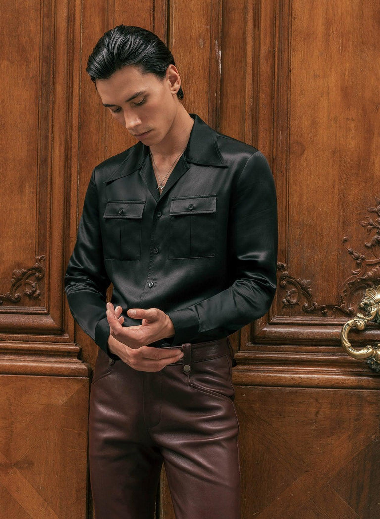 Black Silk Long Sleeve Cuban Collar Shirt