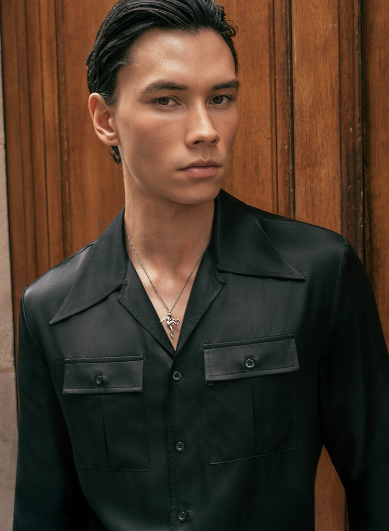 Black Silk Long Sleeve Cuban Collar Shirt