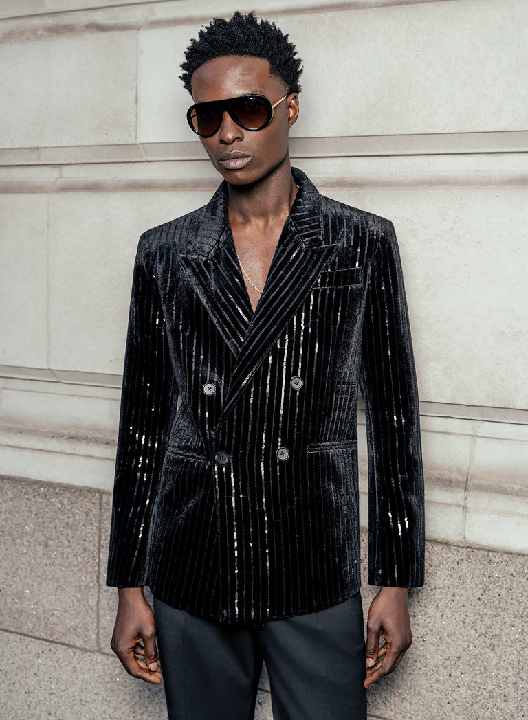 Black Pinstripe Double Breasted Velvet Blazer