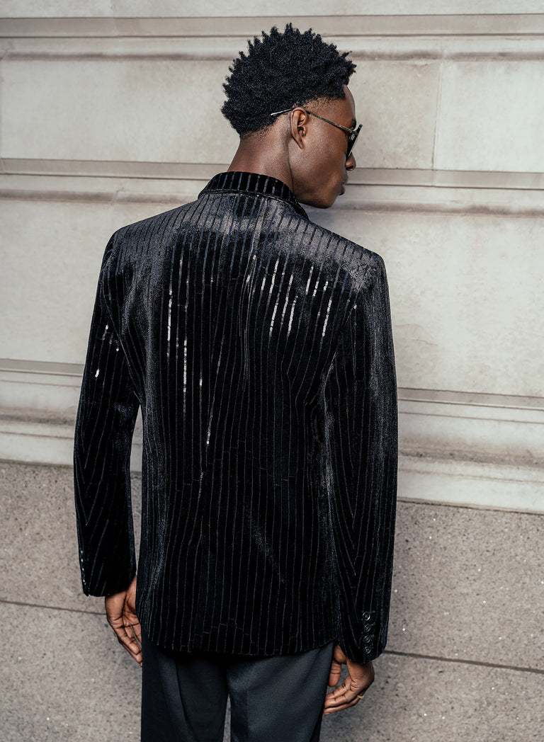 Black Pinstripe Double Breasted Velvet Blazer