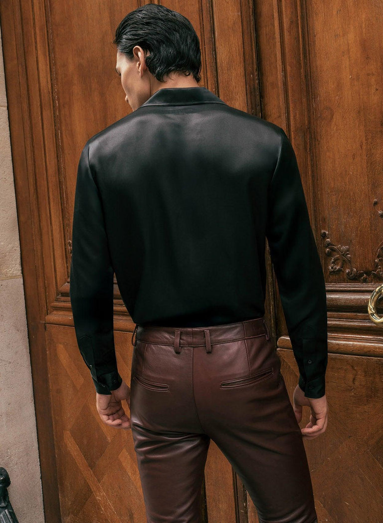 Black Silk Long Sleeve Cuban Collar Shirt