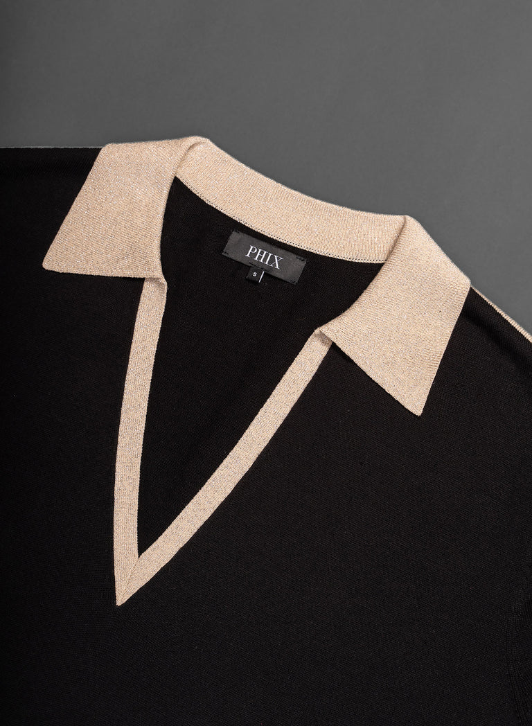 Black Metallic Gold V-Neck Cotton Polo