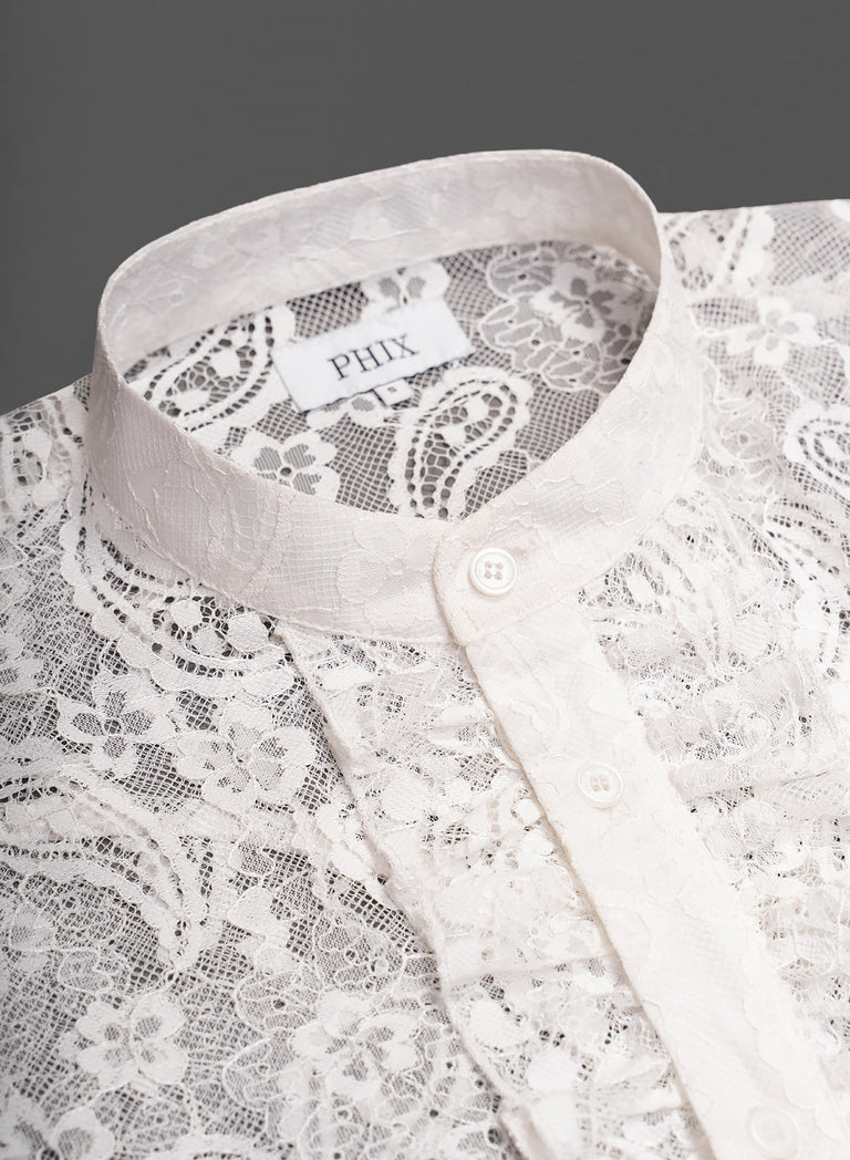 White Lace Paisley Ruffle Shirt