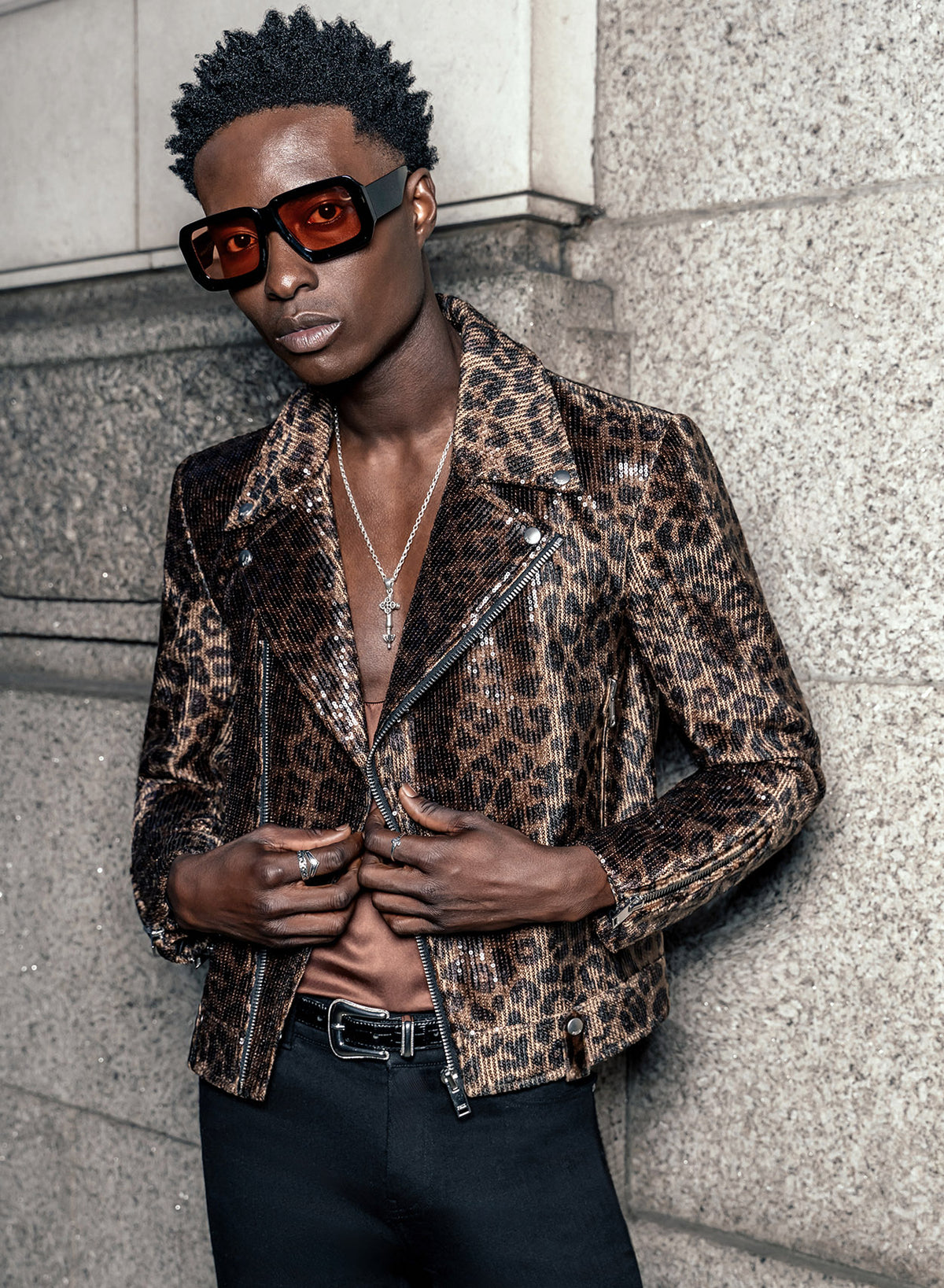 leopard dress leather jacket Brown Print Sequin Biker ‐ Phix animal print dress with jacket