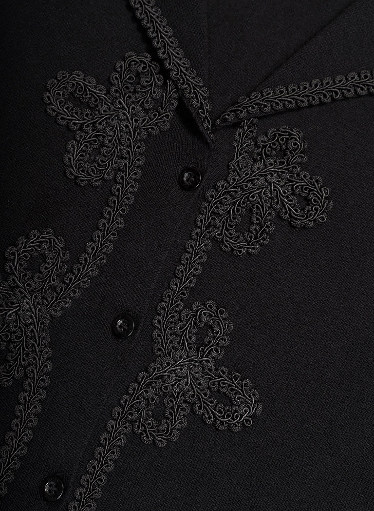 Long Sleeve Black Embroidery Black Lace Knitted Cotton Polo