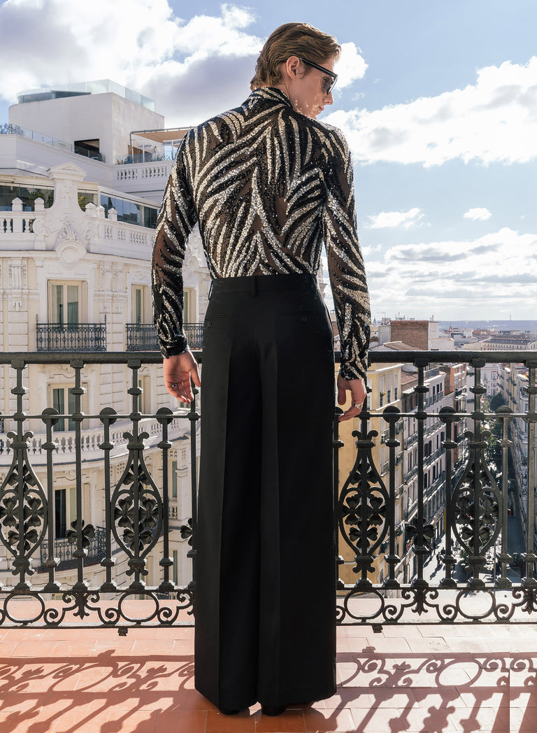 Black Wool Pin Belt Wide Leg Trousers