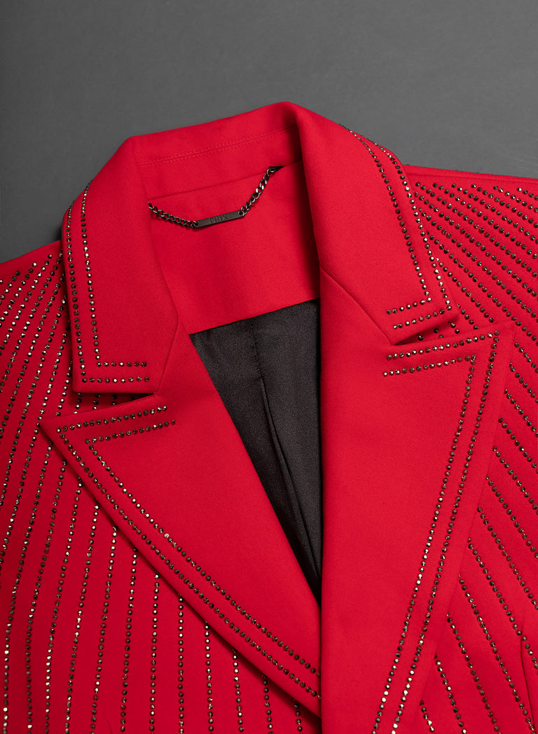 Red Embellished Rhinestone Sequin Blazer