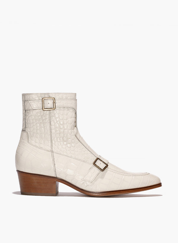 Monique 50mm White Leather Croc Effect Boot