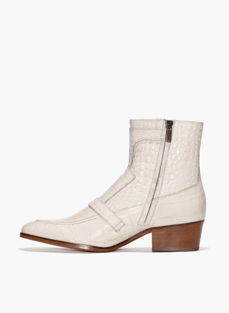 Monique 50mm White Leather Croc Effect Boot