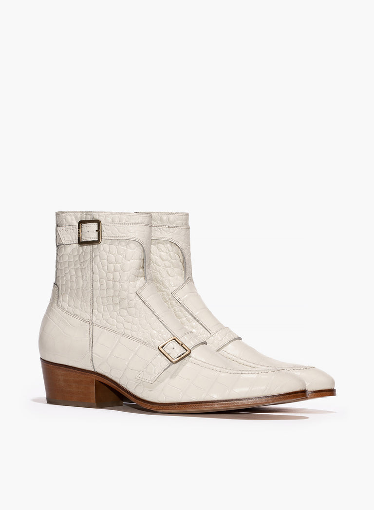 Monique 50mm White Leather Croc Effect Boot