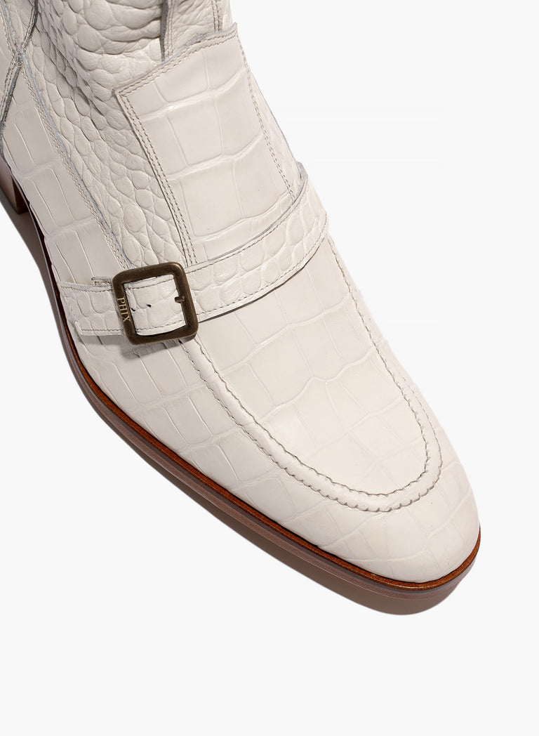 Monique 50mm White Leather Croc Effect Boot