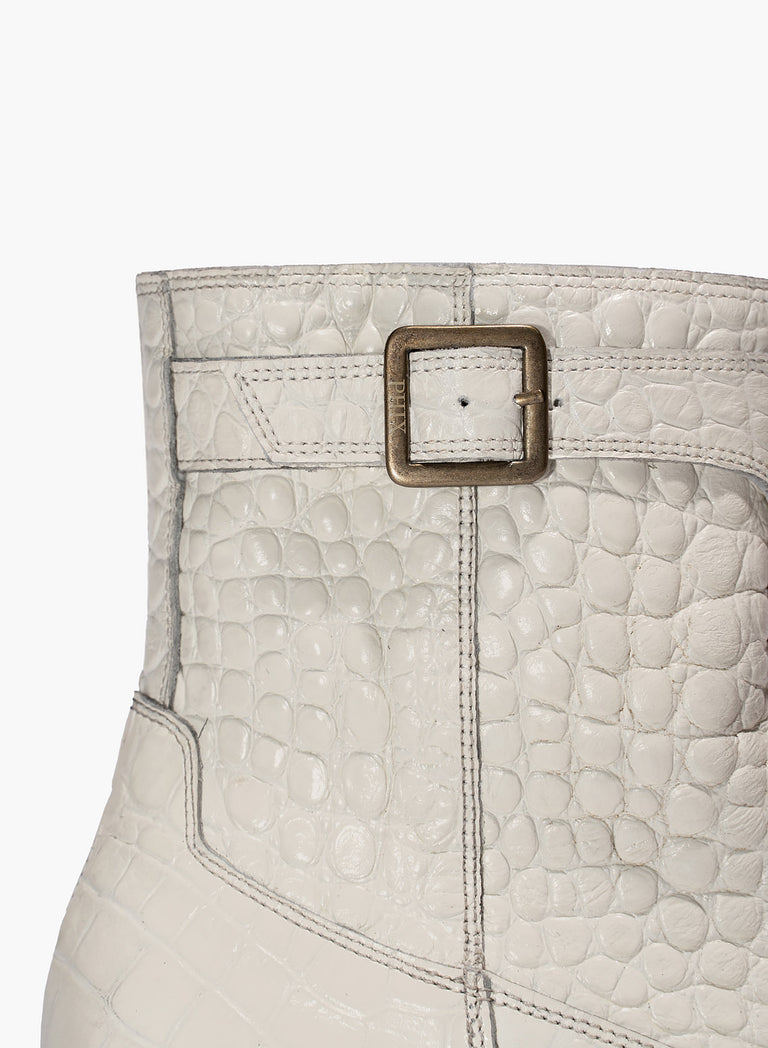 Monique 50mm White Leather Croc Effect Boot