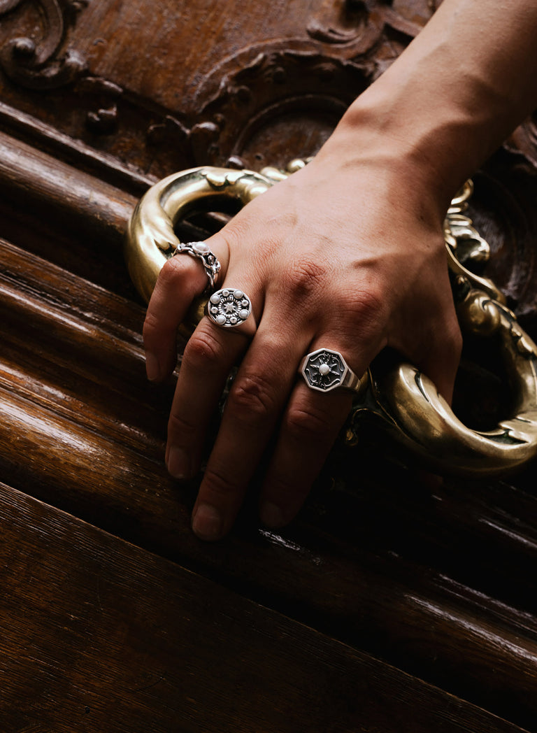 Silver Pearl & Crystal Signet Ring