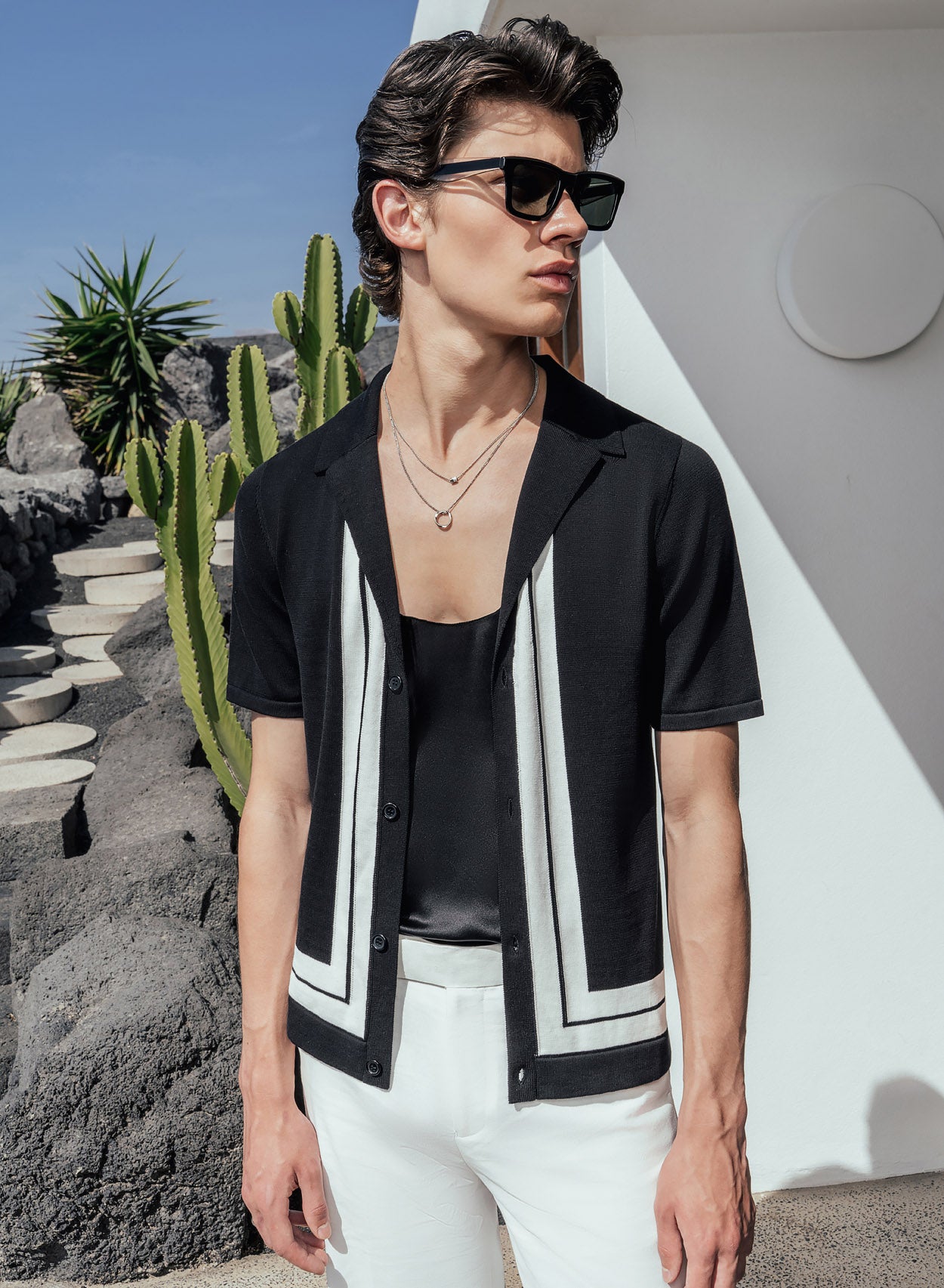 Black 50's Cuban Shirt with White Stripe Border ‐ Phix