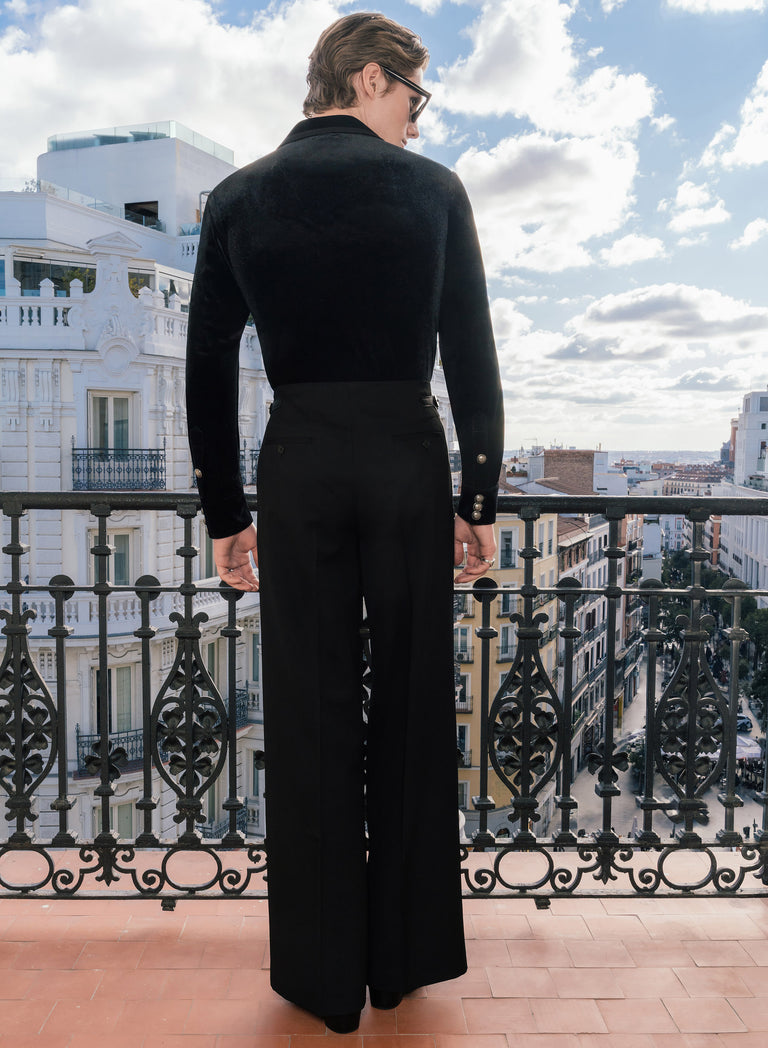 Black Wool Leather Silver Side Buckle Wide Leg Flare Trouser