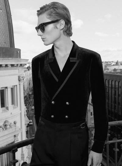 Black Velvet Double Breasted Satin Lapel Shirt