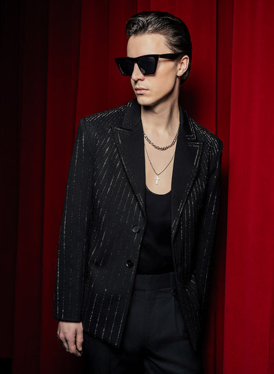 Black Embellished Rhinestone Sequin Blazer