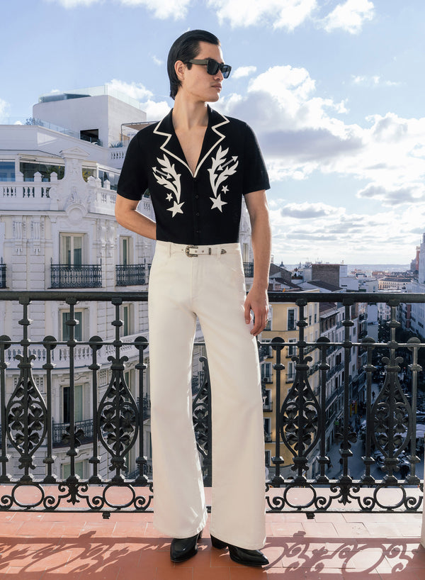 White Denim Western Belt Wide Leg Flare Jeans