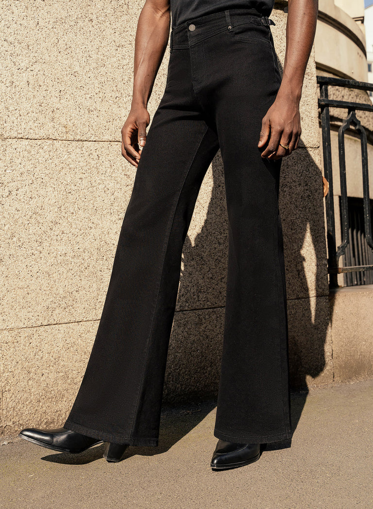 Black V-Panel Side Buckle Flare Denim Jeans