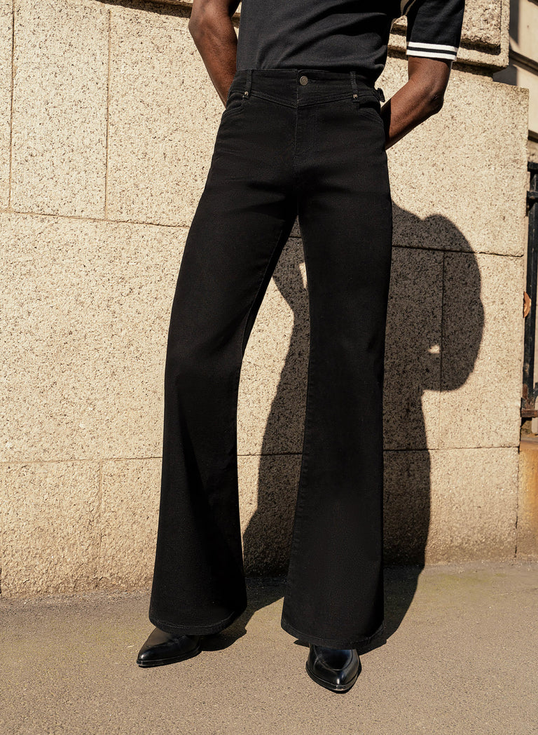 Black V-Panel Side Buckle Flare Denim Jeans