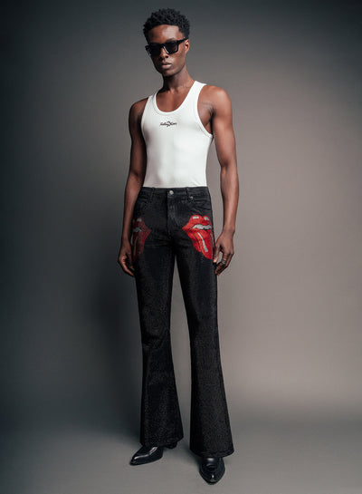 Phix X Rolling Stones Denim Rhinestone Red Tongue Denim Flares